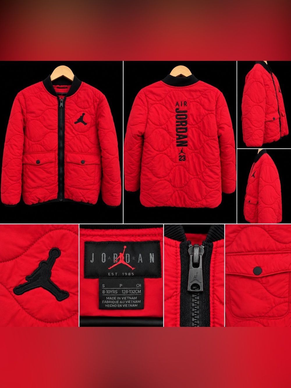 Jordan Air 23 Red Quilted Jacket Kids 8-10Y Black Jumpman Full Zip